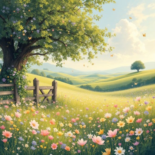 A peaceful meadow overflowing with lavender, pink, and golden wildflowers swaying beneath warm sunshine and rolling green hills with butterflies drifting lazily through the air.