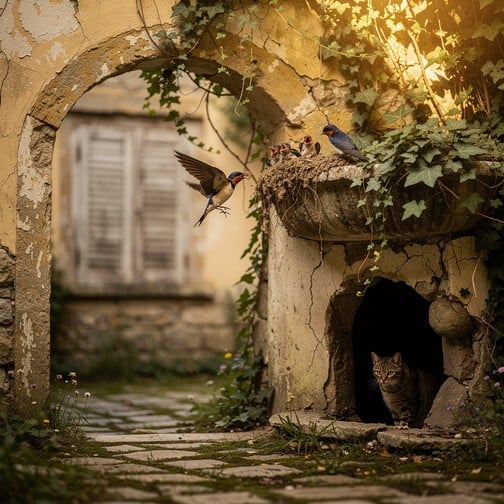 Barn swallows build their family nest in a weathered stone archway while a curious cat watches from the shadows below.
