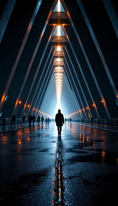 A lone person walks through a dramatic urban underpass where steel beams create stunning geometric patterns under city lights and rain.