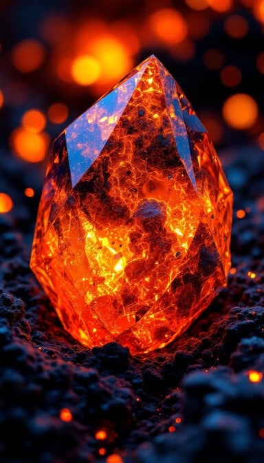 Stunning fire opal gemstone glows with molten orange and crimson colors like trapped volcanic lava frozen inside beautiful crystal facets.