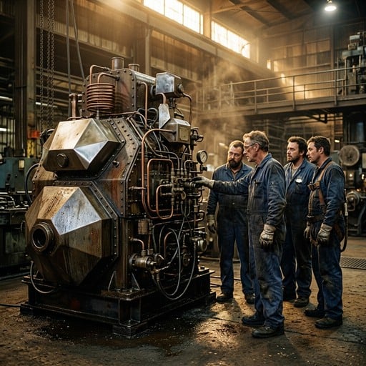 Factory workers in blue coveralls gather around a massive mysterious machine bathed in golden light streaming through dusty industrial windows